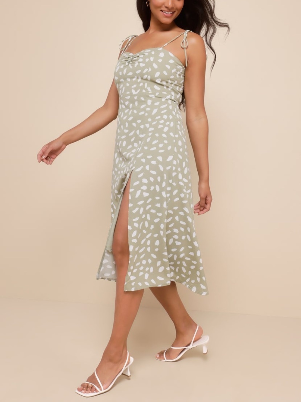 Lulus | Party in Paris Sage Green Print Tie-Strap Midi Dress - Picture 6 of 12